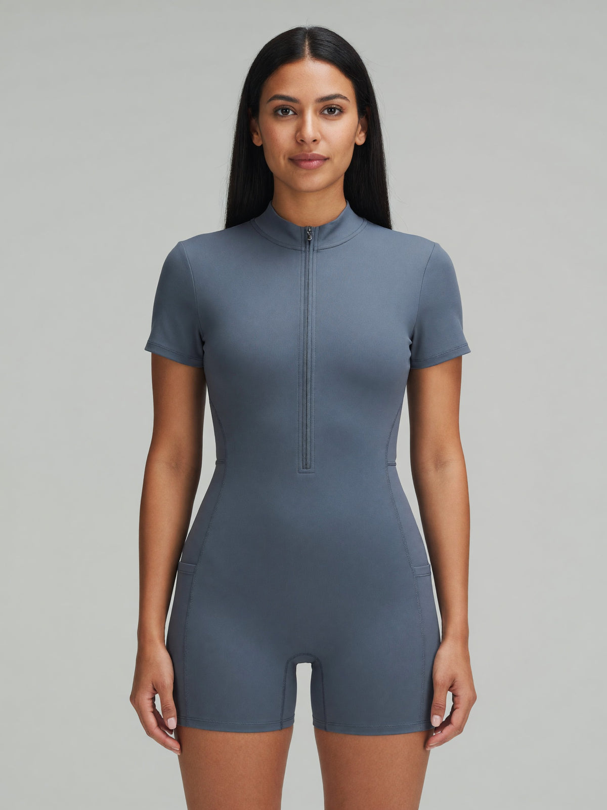 Quarter-Zip Sleeve Romper in Gray Blue, worn, front