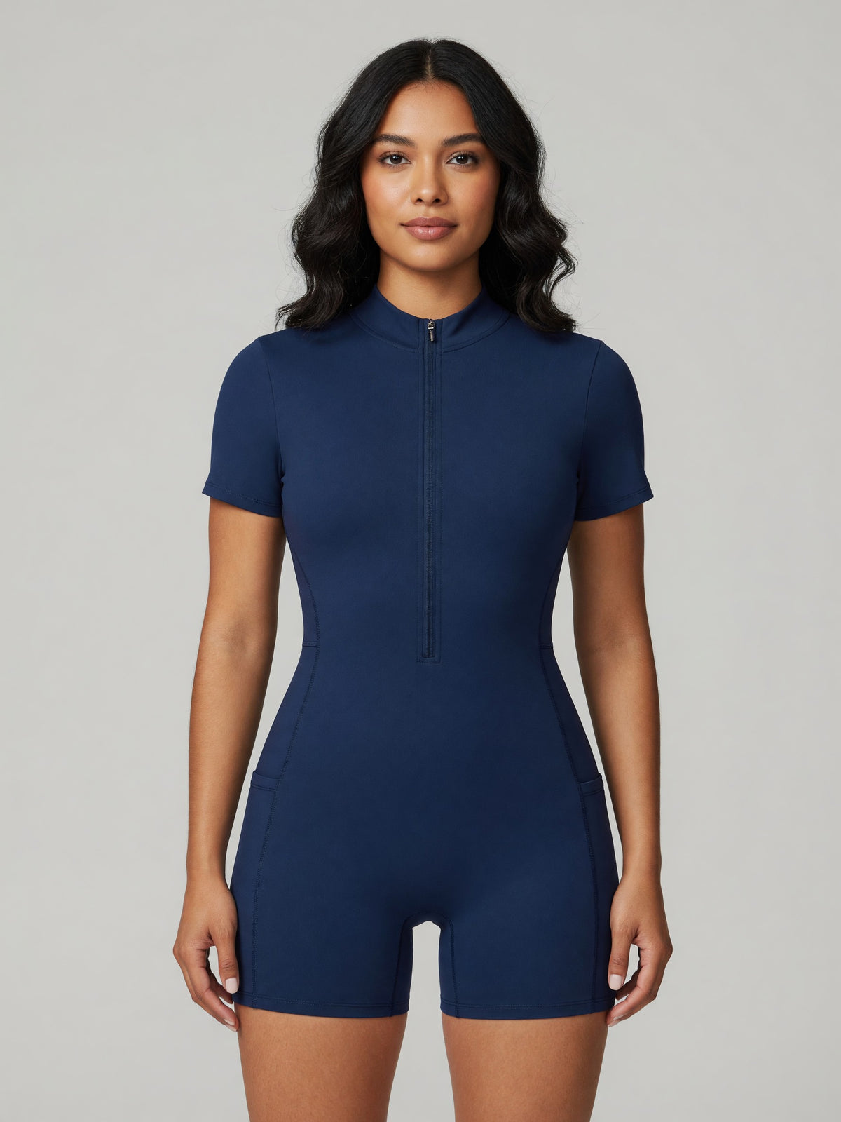Quarter-Zip Sleeve Romper in Navy Blue, worn, front