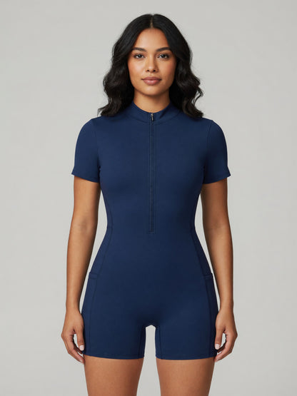 Quarter-Zip Sleeve Romper in Navy Blue, worn, front