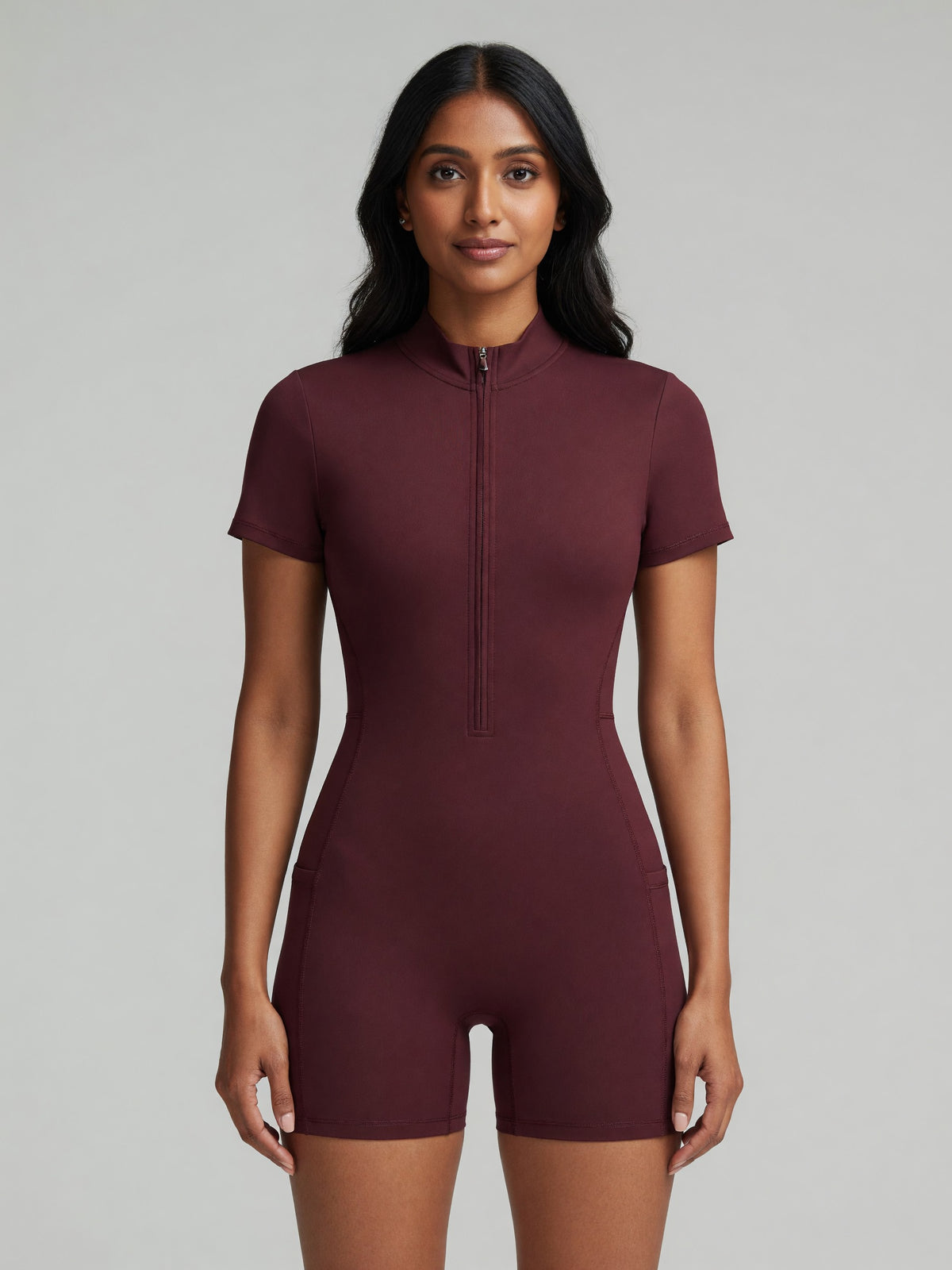 Quarter-Zip Sleeve Romper in Wine Red, worn, front