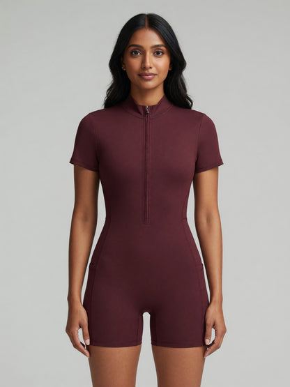 Quarter-Zip Sleeve Romper in Wine Red, worn, front