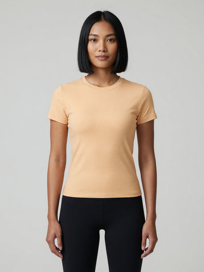Slim Crewneck Tee in Apricot, worn, front