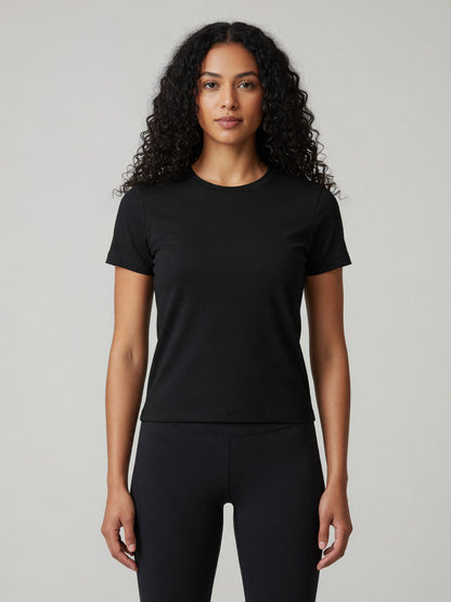 Slim Crewneck Tee in Black, worn, front