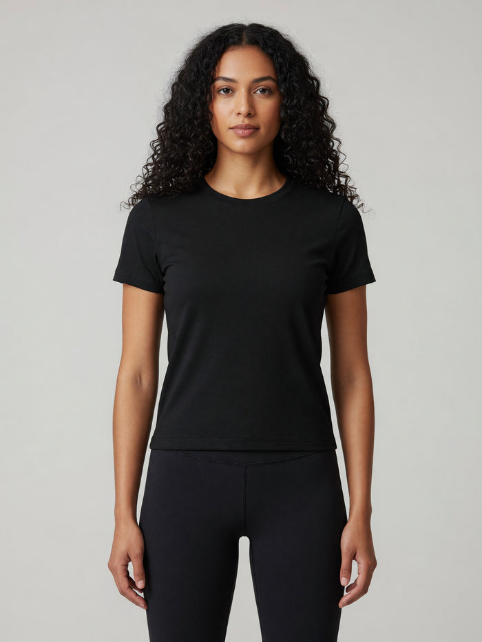 Slim Crewneck Tee in Black, worn, front