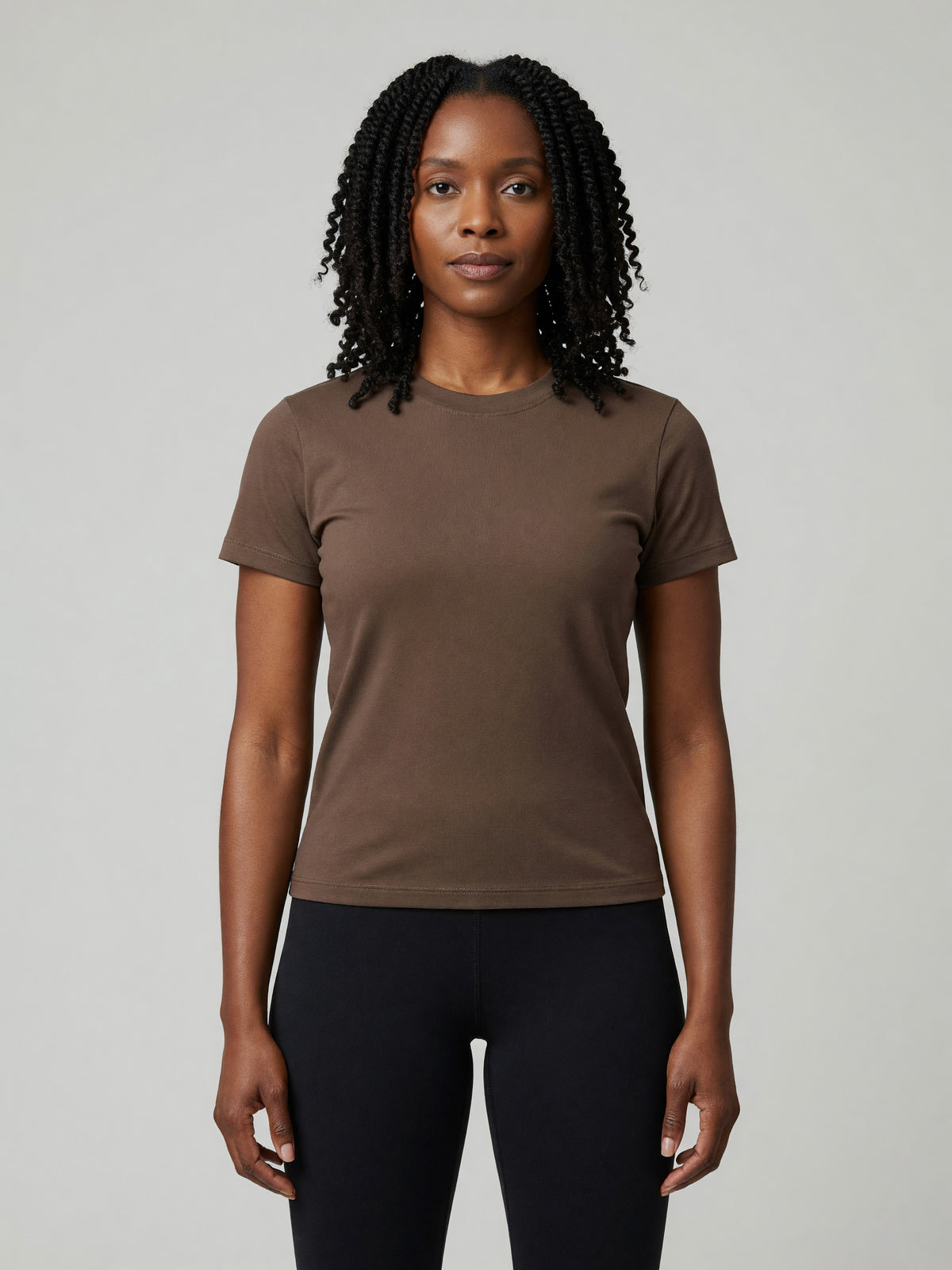 Slim Crewneck Tee in Coffee, worn, front