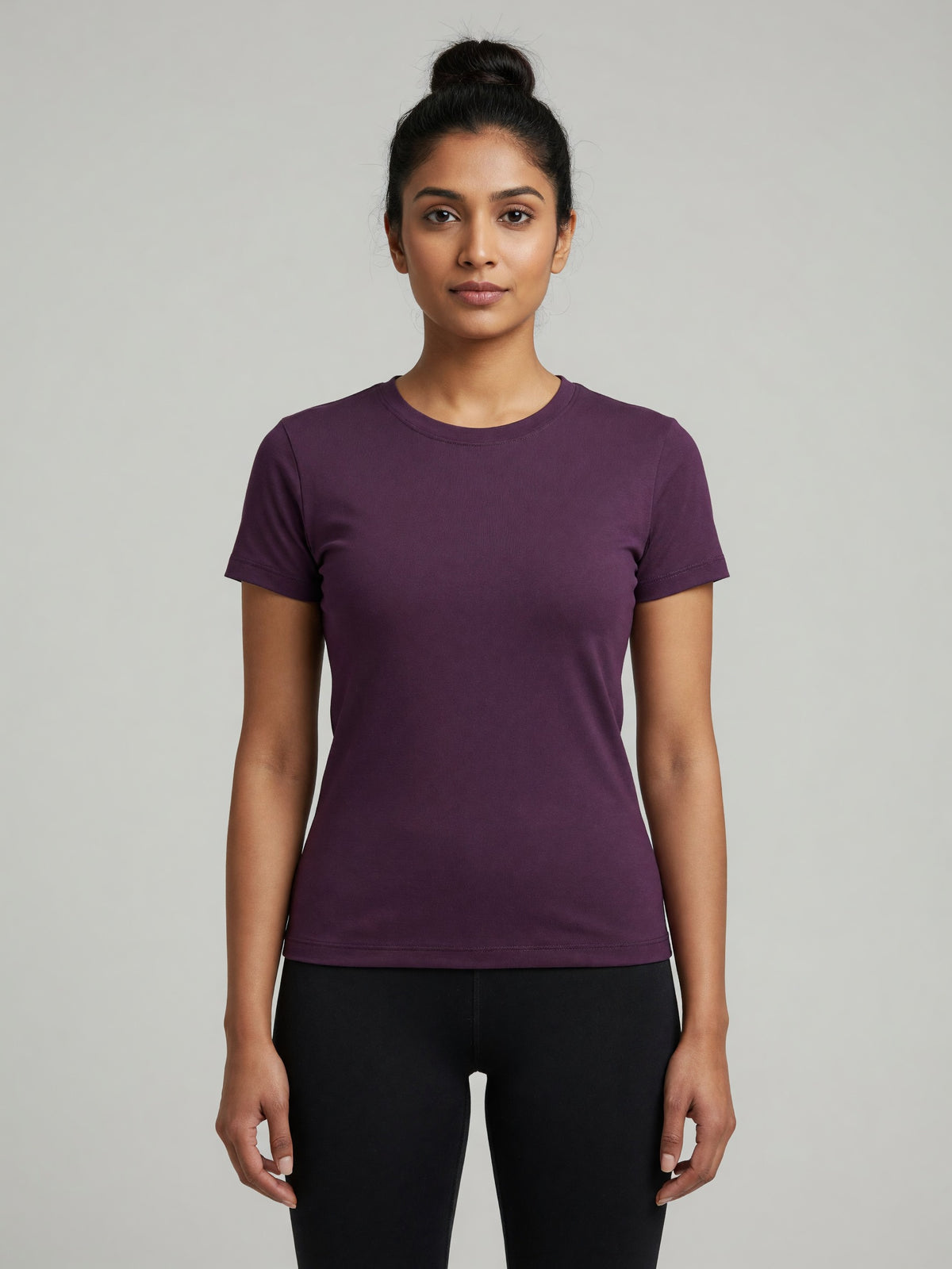 Slim Crewneck Tee in Deep Purple, worn, front