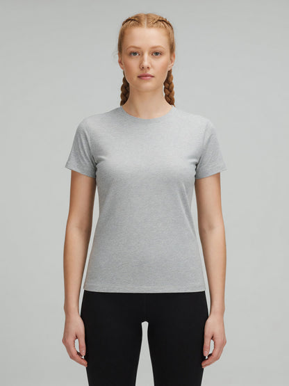 Slim Crewneck Tee in Flower Gray, worn, front
