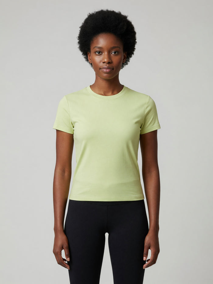 Slim Crewneck Tee in Light Green, worn, front