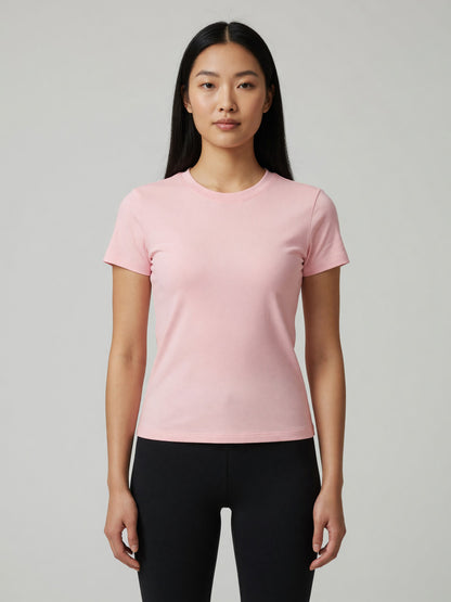 Slim Crewneck Tee in Light Pink, worn, front