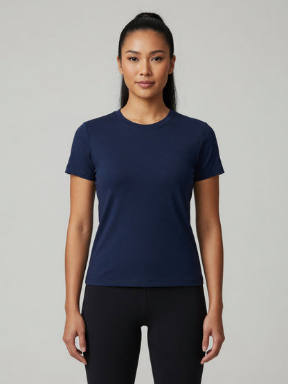 Slim Crewneck Tee in Navy Blue, worn, front