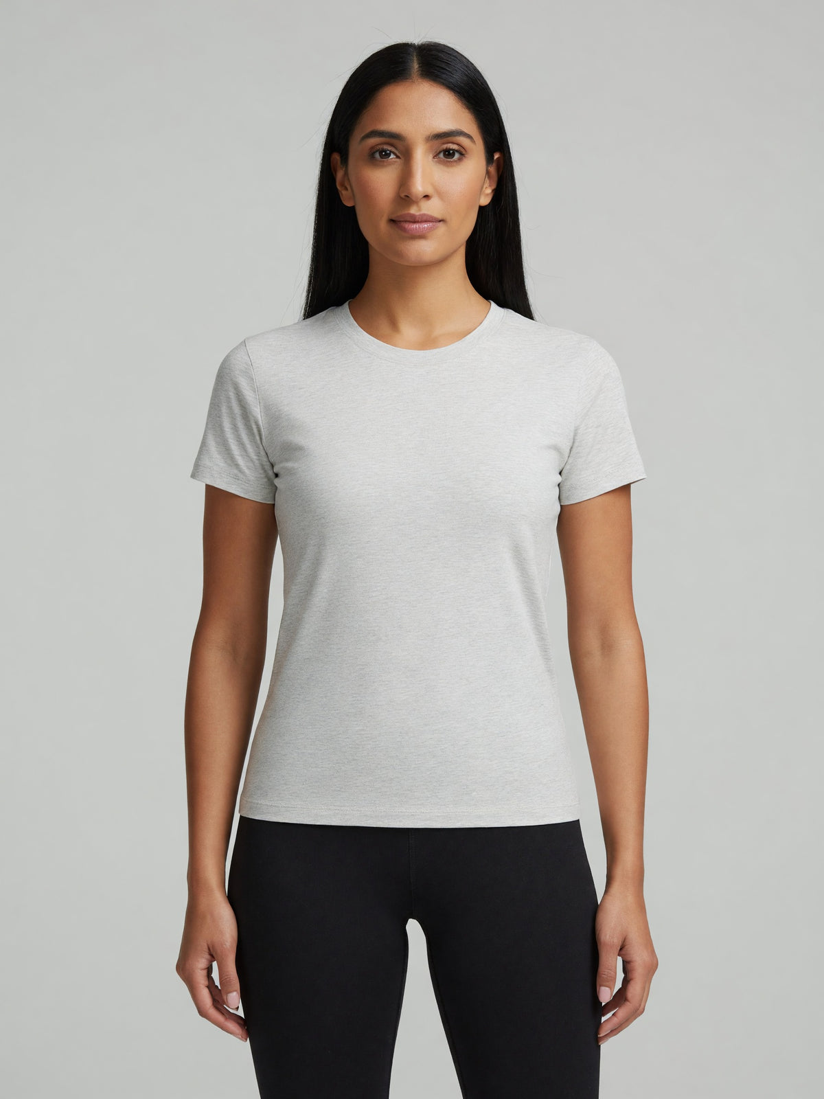 Slim Crewneck Tee in Oat Gray, worn, front