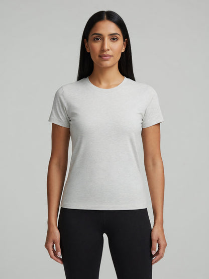 Slim Crewneck Tee in Oat Gray, worn, front