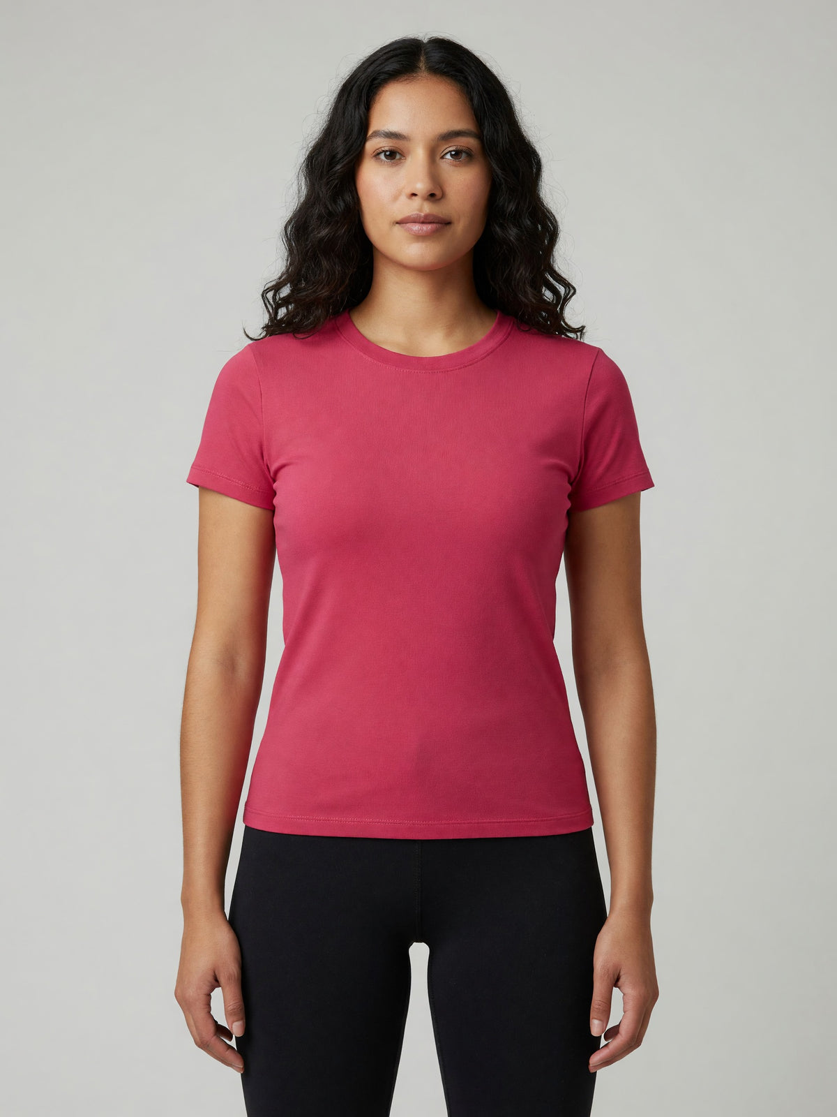 Slim Crewneck Tee in Rose Red, worn, front