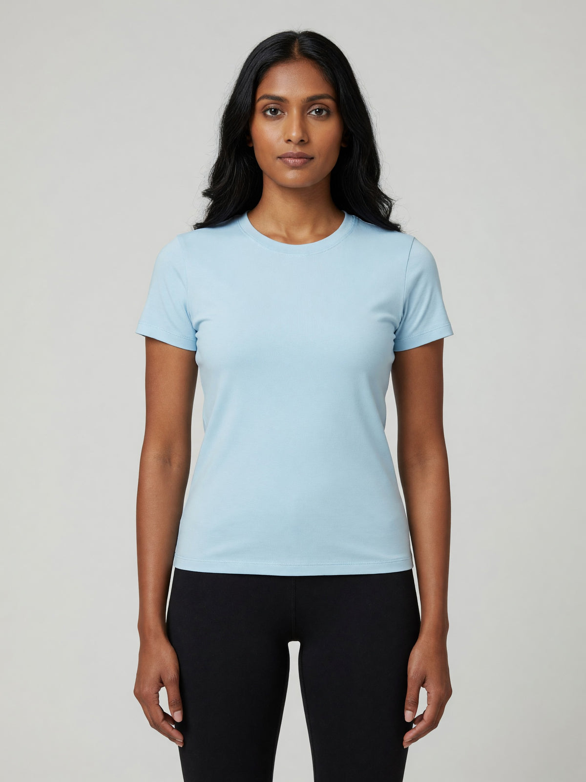 Slim Crewneck Tee in Sky Blue, worn, front