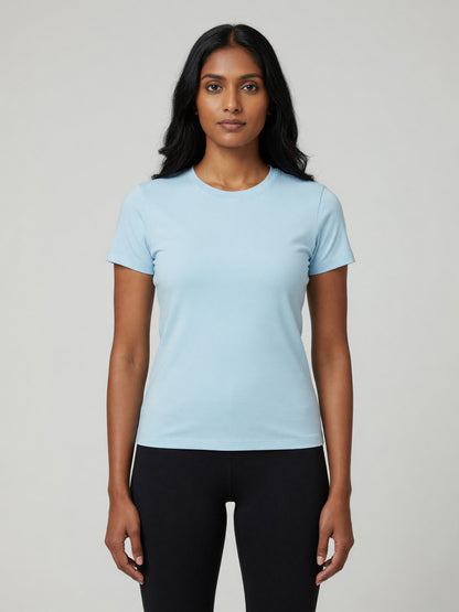 Slim Crewneck Tee in Sky Blue, worn, front