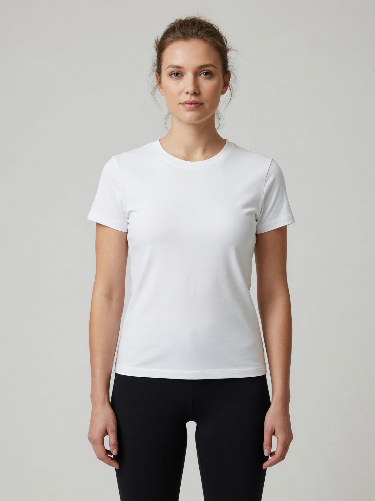 Slim Crewneck Tee in White, worn, front