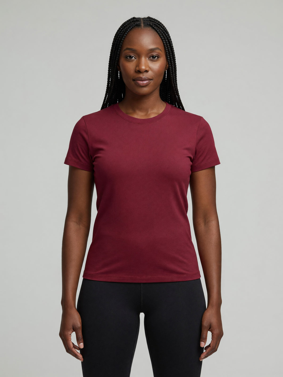 Slim Crewneck Tee in Wine Red, worn, front