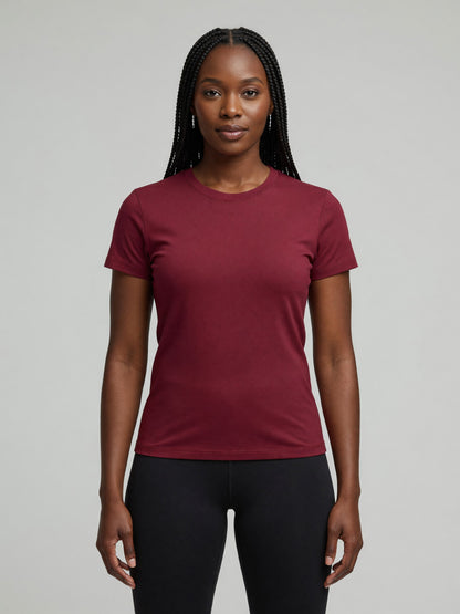 Slim Crewneck Tee in Wine Red, worn, front