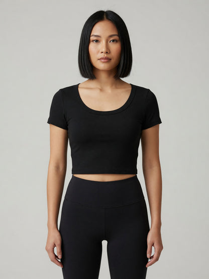 Slim Crop Tee in Black, worn, front