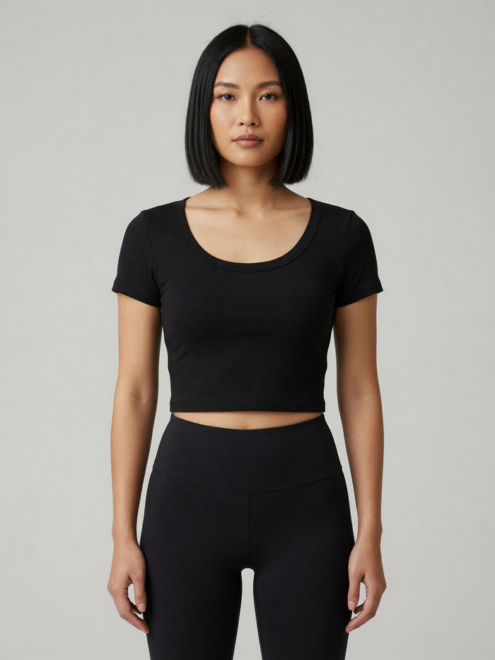 Slim Crop Tee in Black, worn, front
