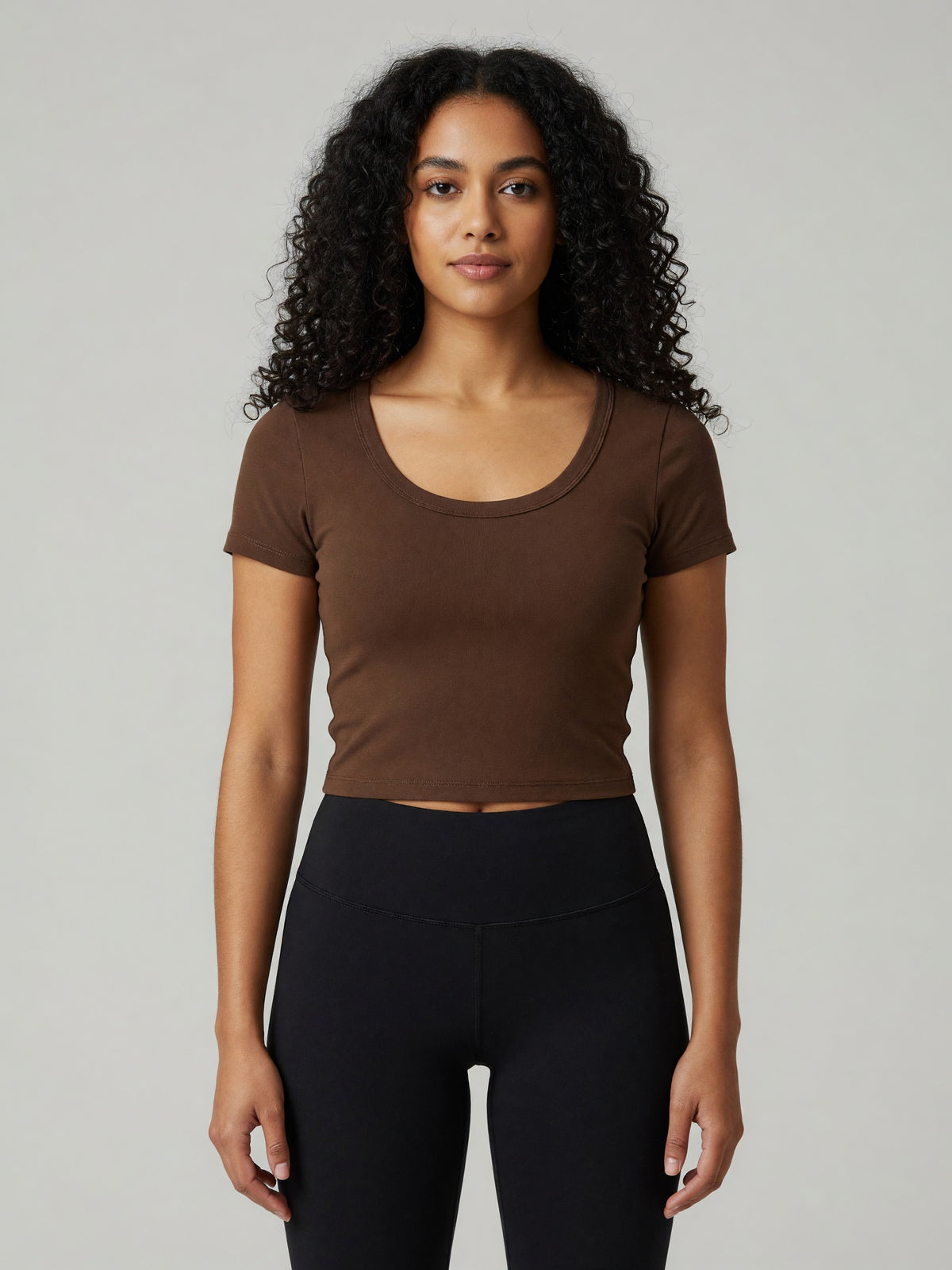 Slim Crop Tee in Brown, worn, front