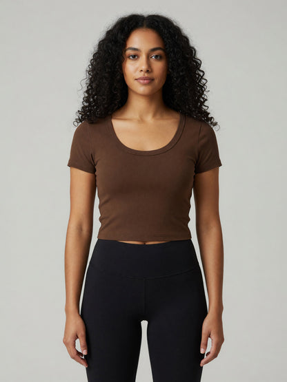 Slim Crop Tee in Brown, worn, front