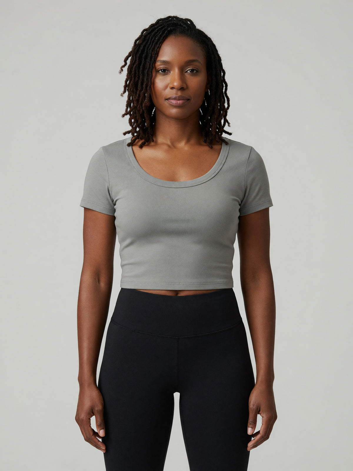 Slim Crop Tee in Gray, worn, front