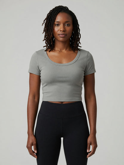 Slim Crop Tee in Gray, worn, front