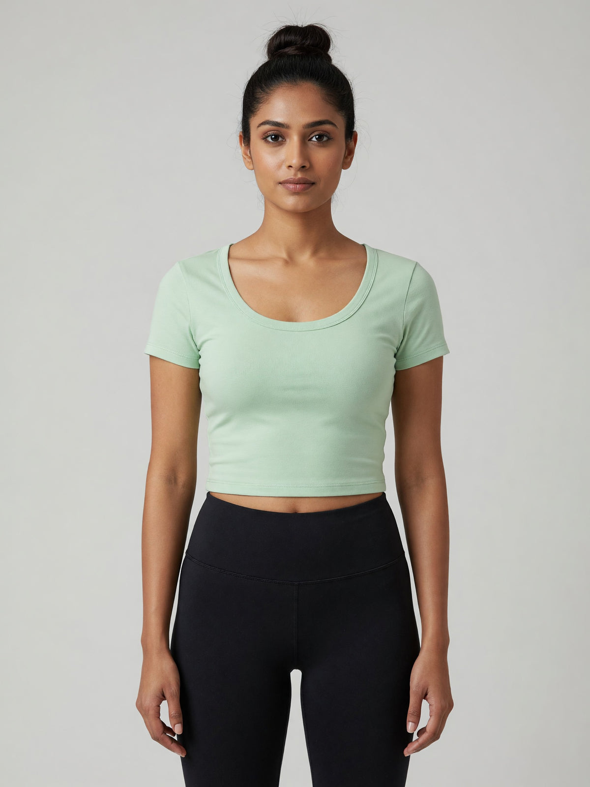 Slim Crop Tee in Light Green, worn, front