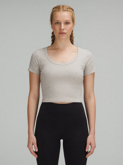 Slim Crop Tee in Oat Gray, worn, front