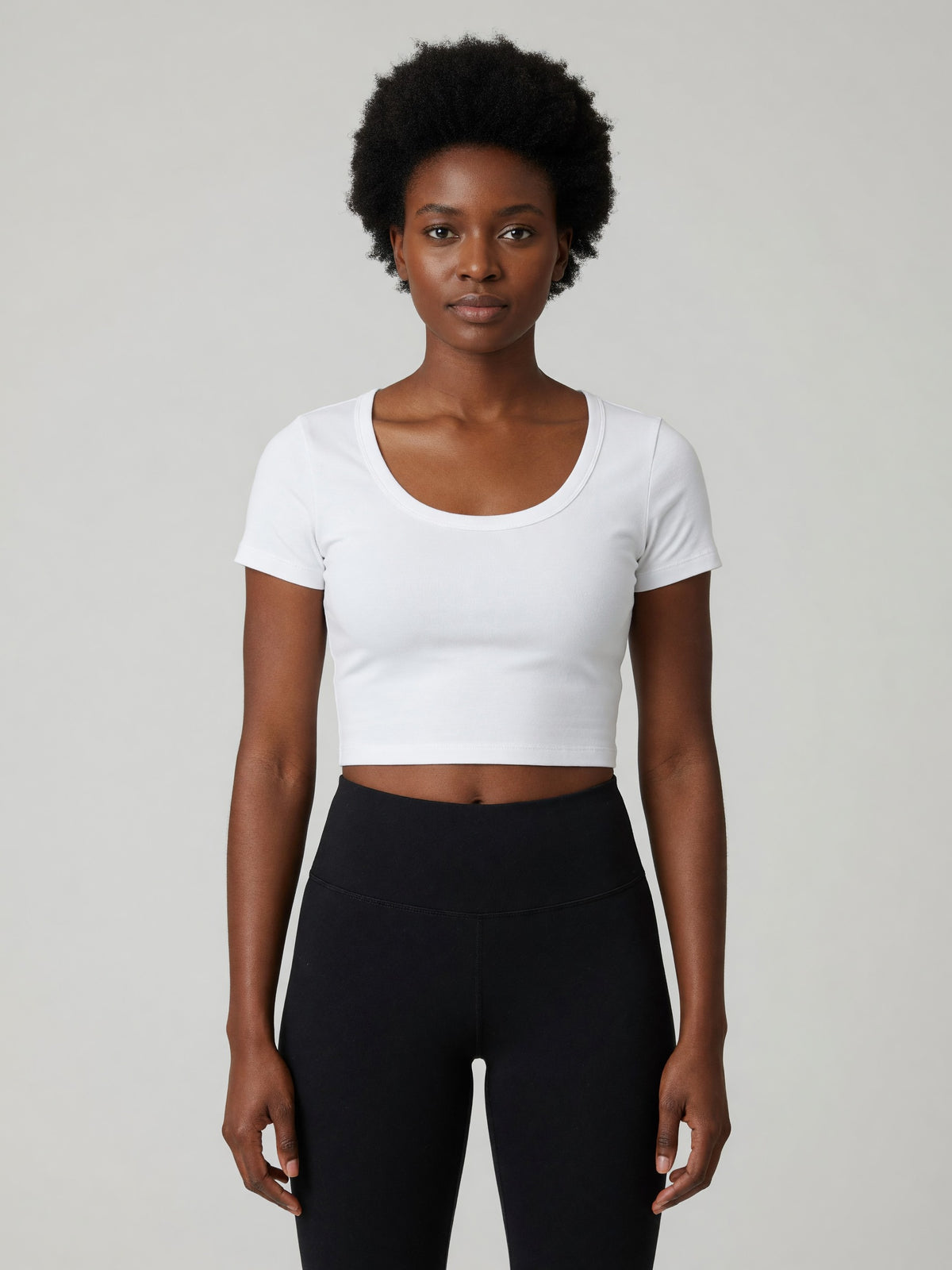 Slim Crop Tee in White, worn, front