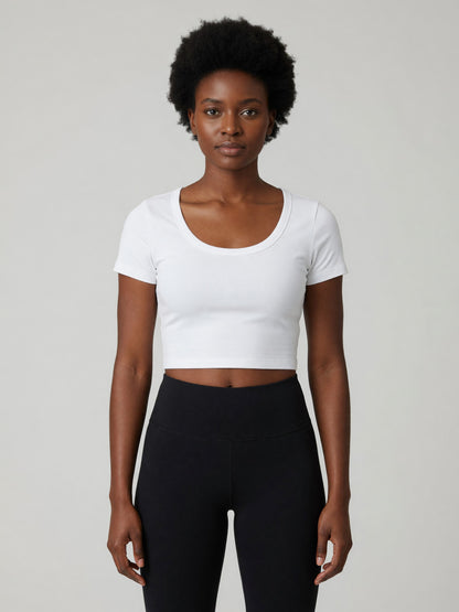 Slim Crop Tee in White, worn, front