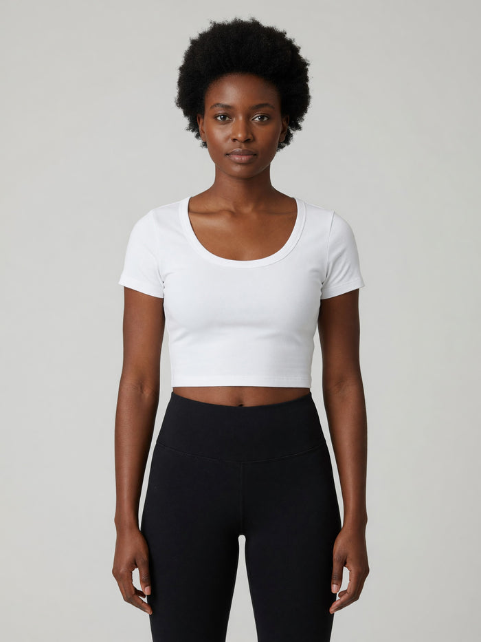 Slim Crop Tee in White, worn, front