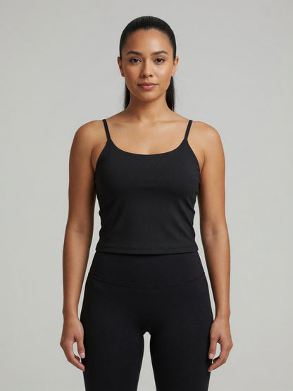 Strappy Longline Tank in Black, worn, front
