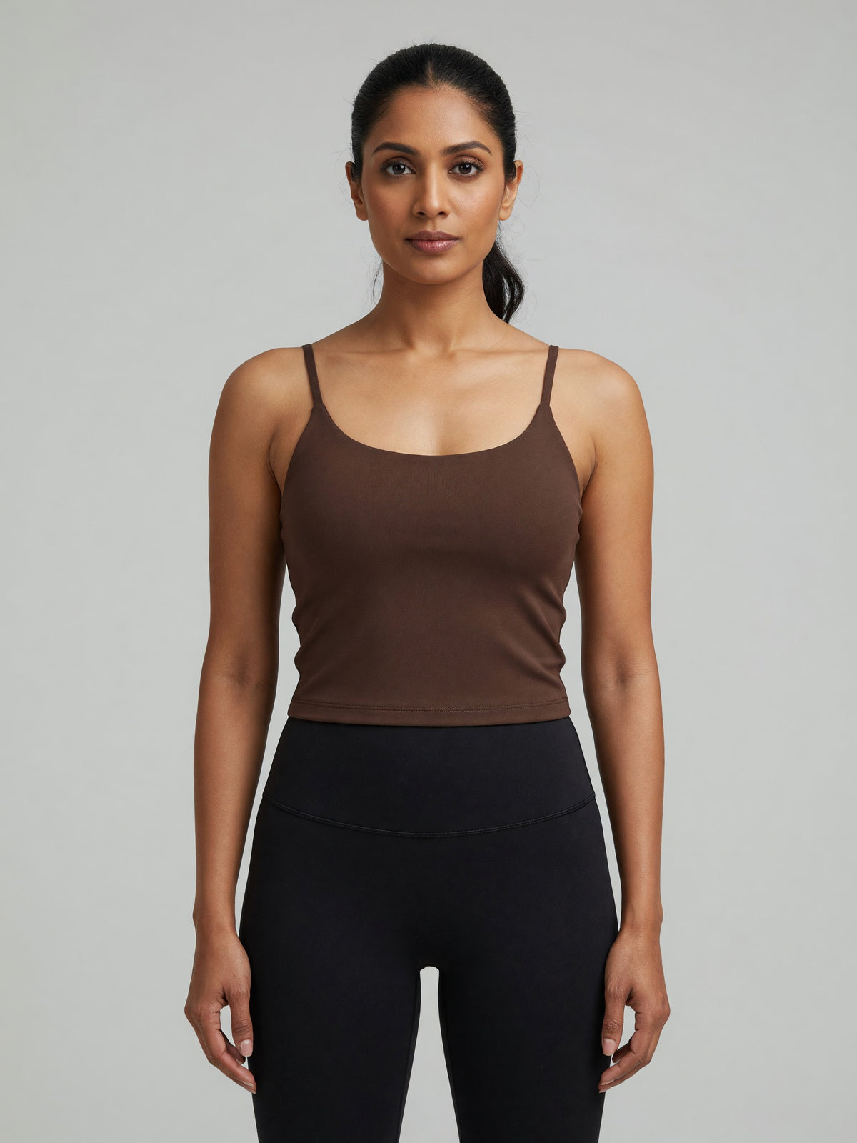 Strappy Longline Tank in Coffee, worn, front