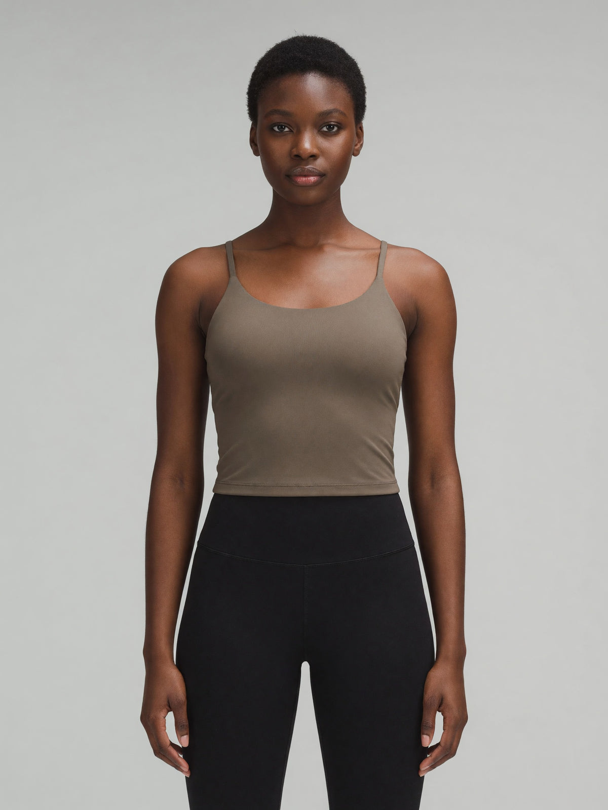 Strappy Longline Tank in Gray Coffee, worn, front