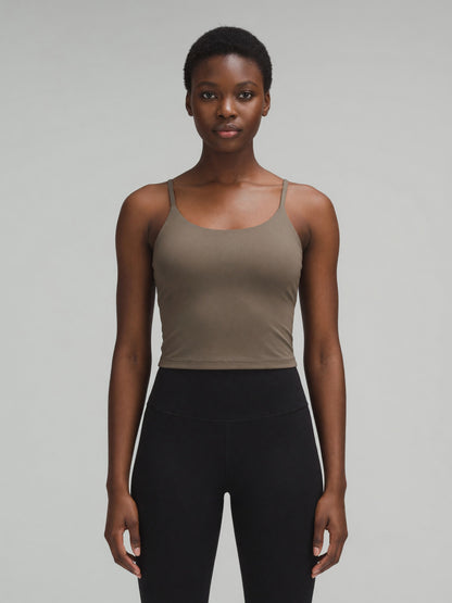 Strappy Longline Tank in Gray Coffee, worn, front