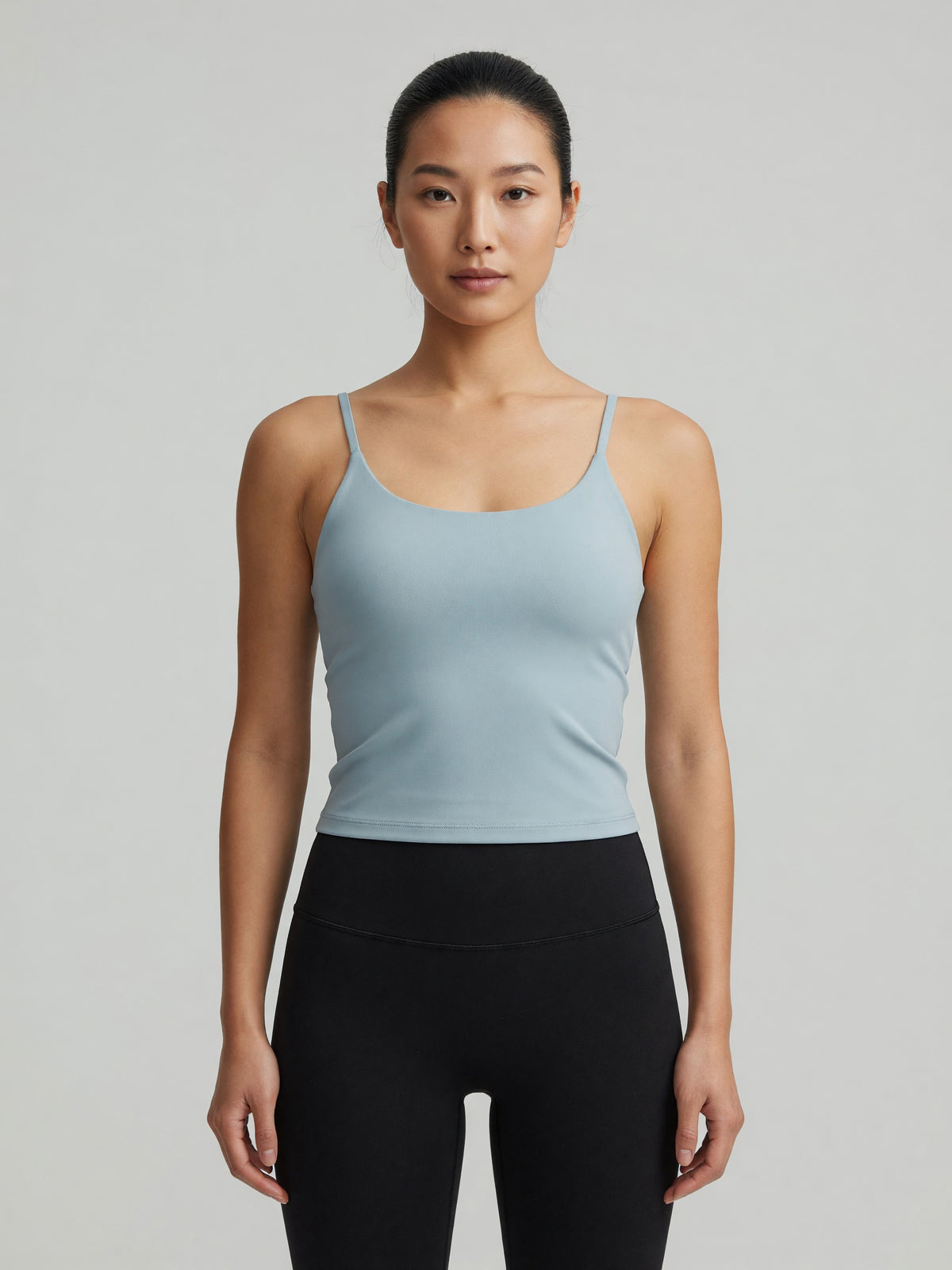 Strappy Longline Tank in Haze Blue, worn, front