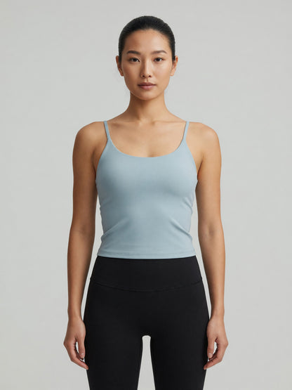 Strappy Longline Tank in Haze Blue, worn, front
