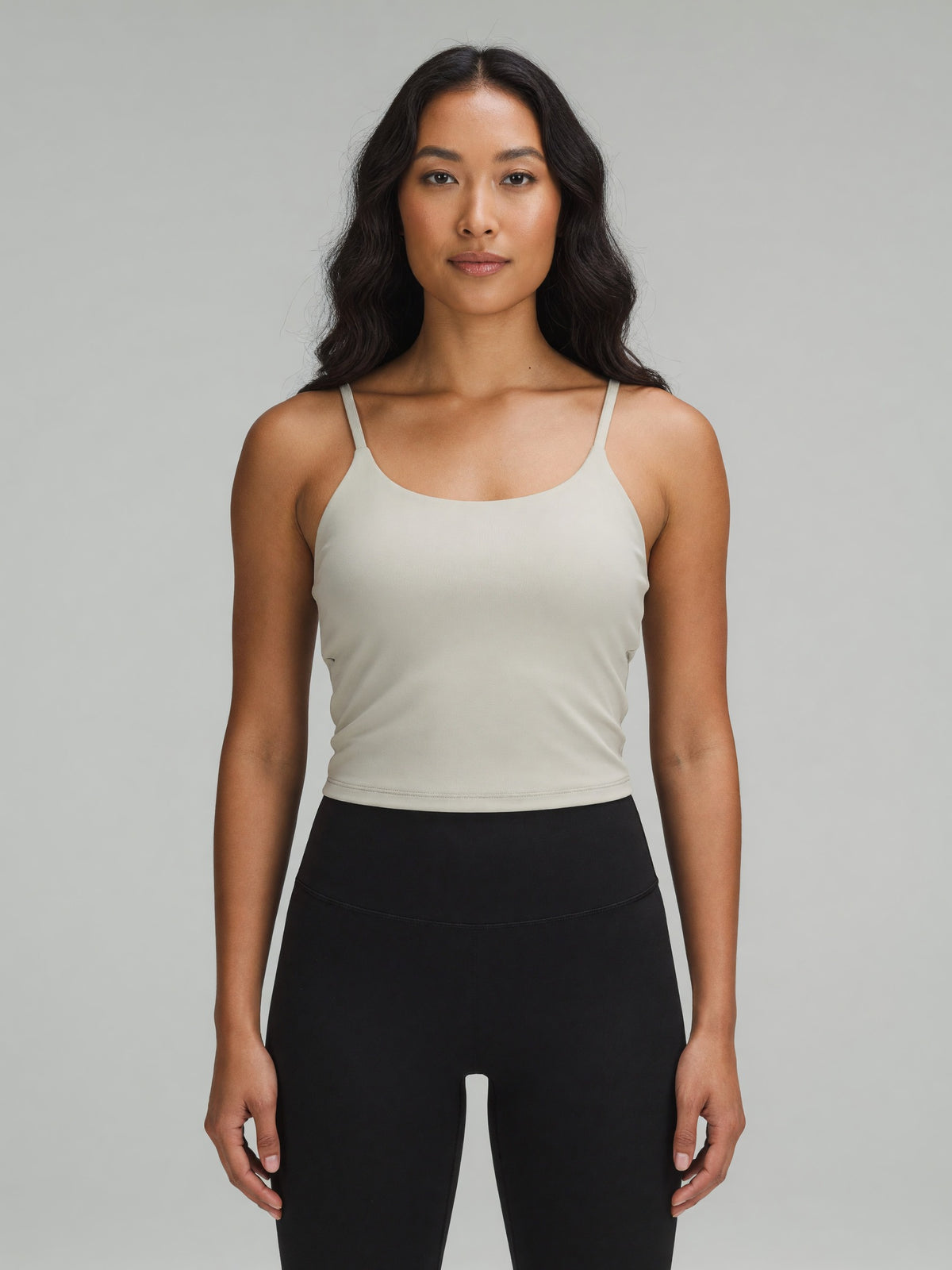 Strappy Longline Tank in Light Gray, worn, front