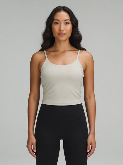 Strappy Longline Tank in Light Gray, worn, front