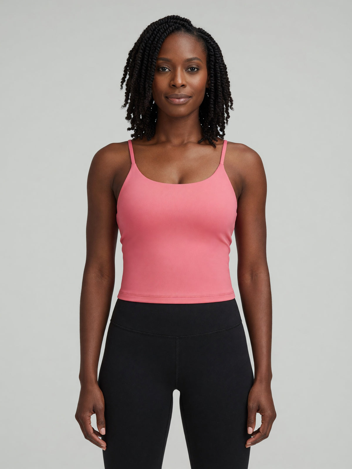Strappy Longline Tank in Rose Pink, worn, front