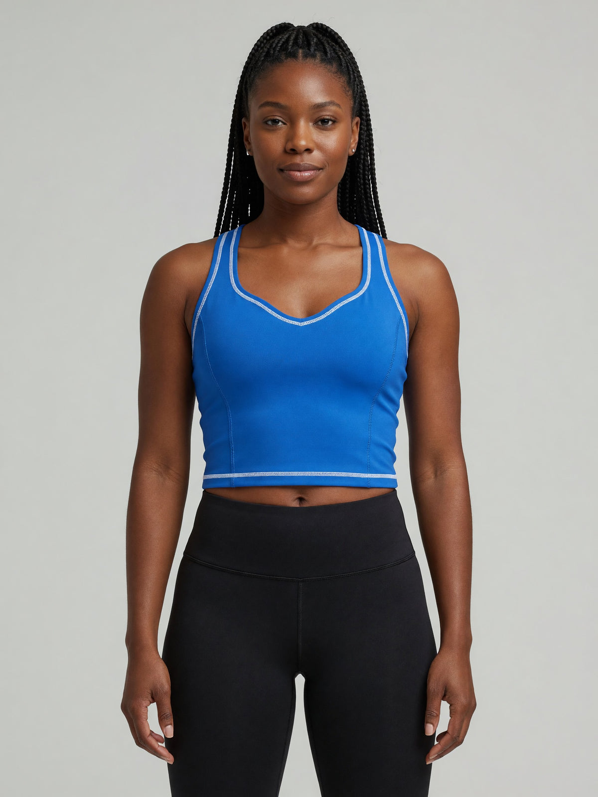 Topstitch Crop Tank in Colorful Blue, worn, front