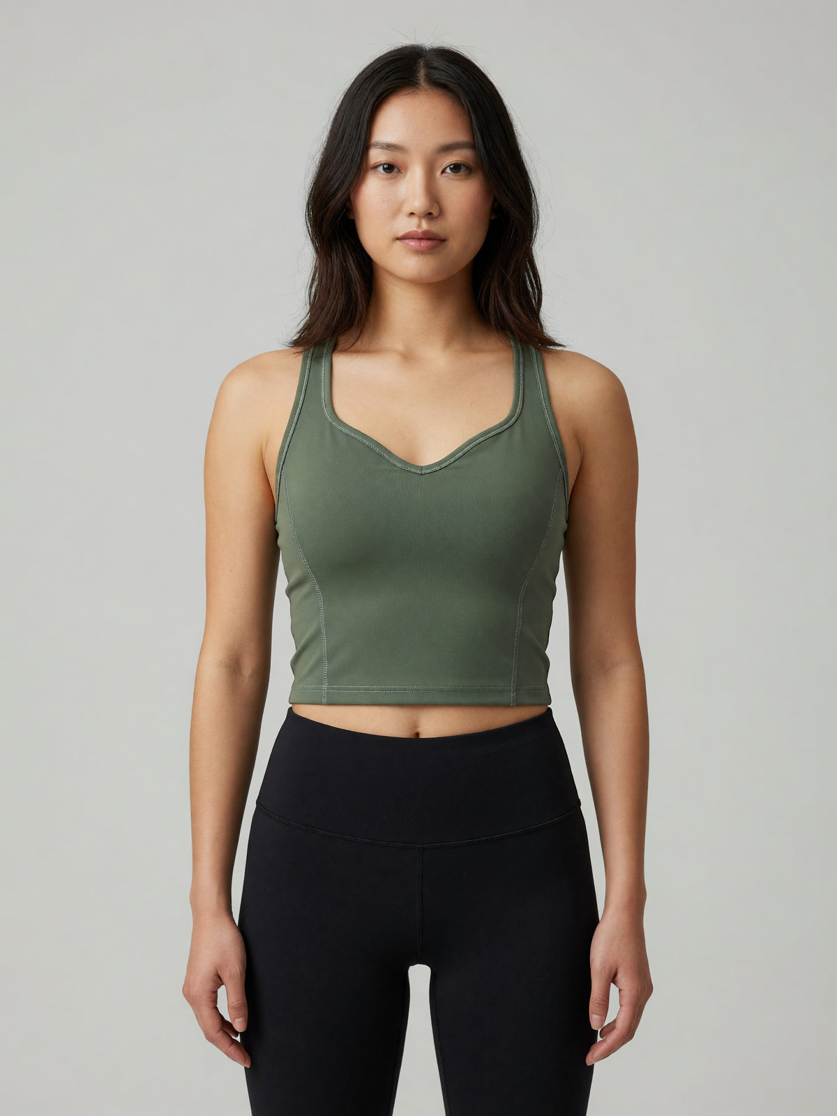 Topstitch Crop Tank in Gray Green, worn, front