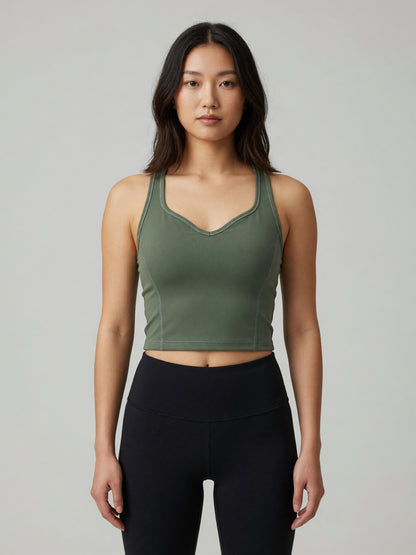 Topstitch Crop Tank in Gray Green, worn, front