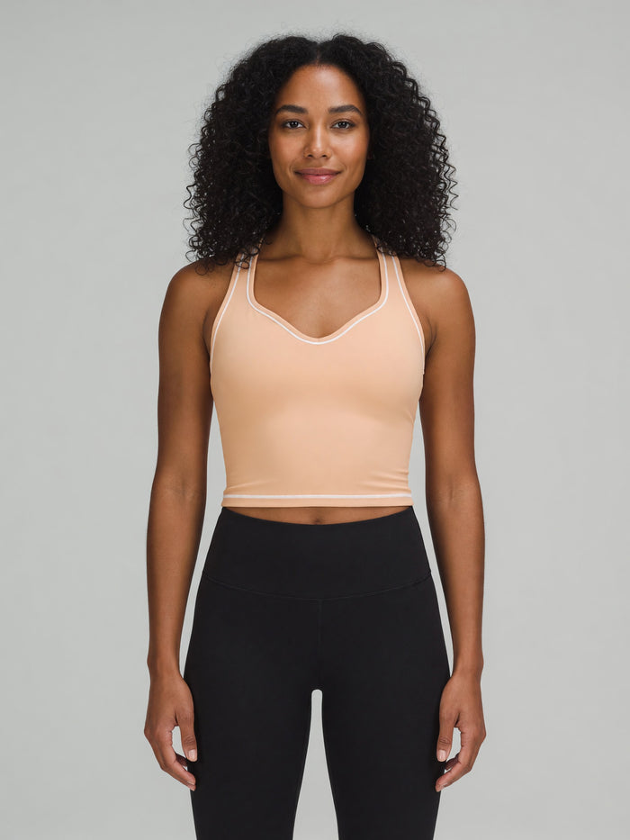 Topstitch Crop Tank in Light Apricot, worn, front