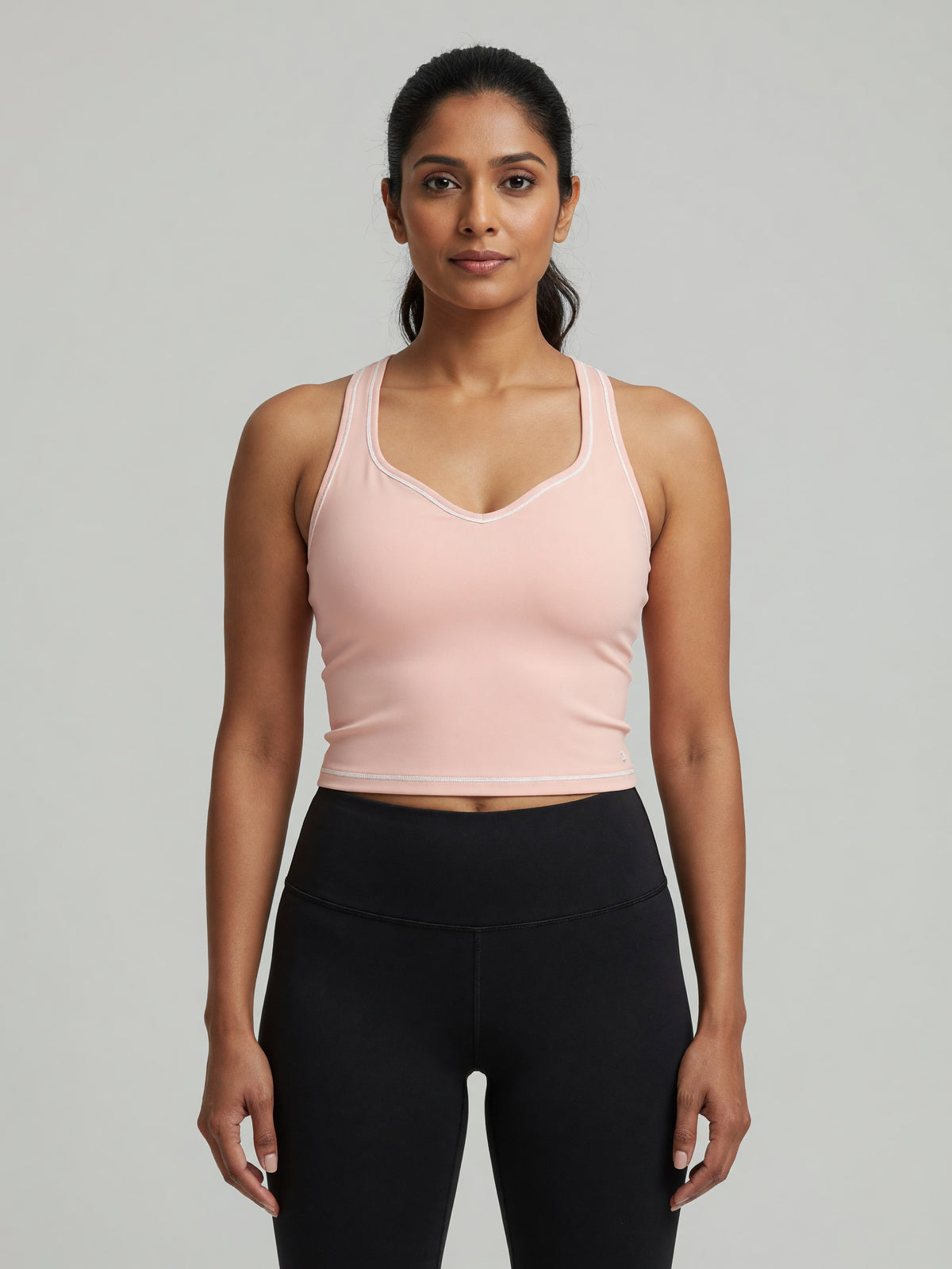 Topstitch Crop Tank in Light Pink, worn, front