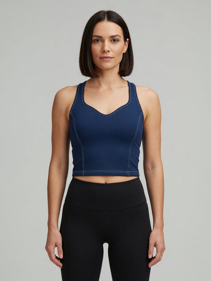 Topstitch Crop Tank in Navy Blue, worn, front