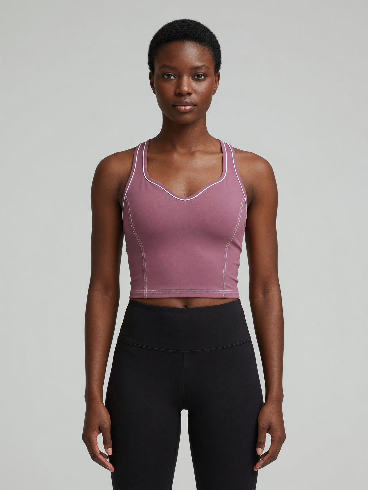 Topstitch Crop Tank in Purple, worn, front