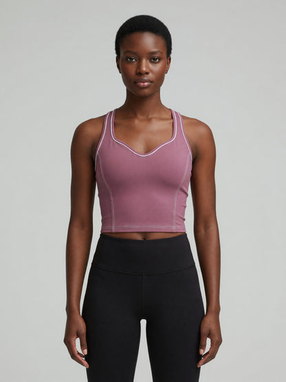 Topstitch Crop Tank in Purple, worn, front